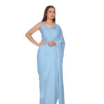 Soild Plain Saree Stylish Soft Satin Silk Plain Saree with Unstiched Blouse Piece for Women's - Color: Sky Blue