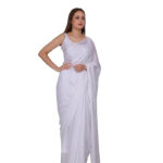 Soild Plain Saree Stylish Soft Satin Silk Plain Saree with Unstiched Blouse Piece for Women's - Color: White